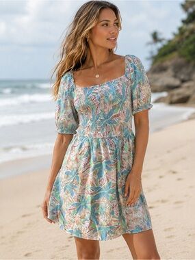 Roxy size small hello petal floral smocked midi dress pastel blue peach coastal